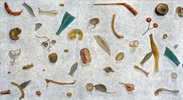 Decorated mosaic floor II century a.c. Vigna Lupi. Roman copy of the Sosos Mosaic. Pergamon, II century bC. Vatican Museums, Rome.